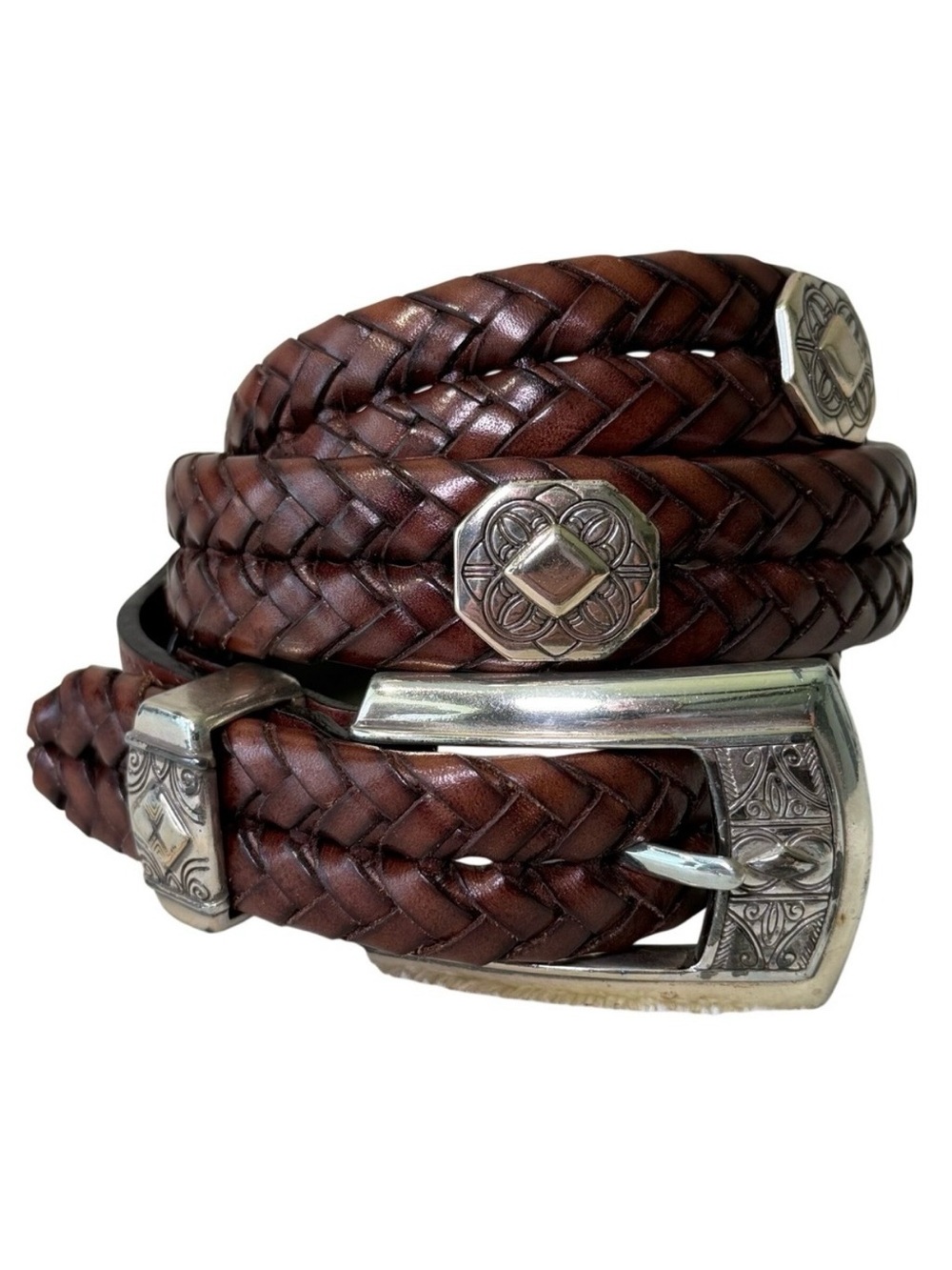 Brighton Braided Leather Belt Brown Silver Western Boho Concho Vintage Medium 30